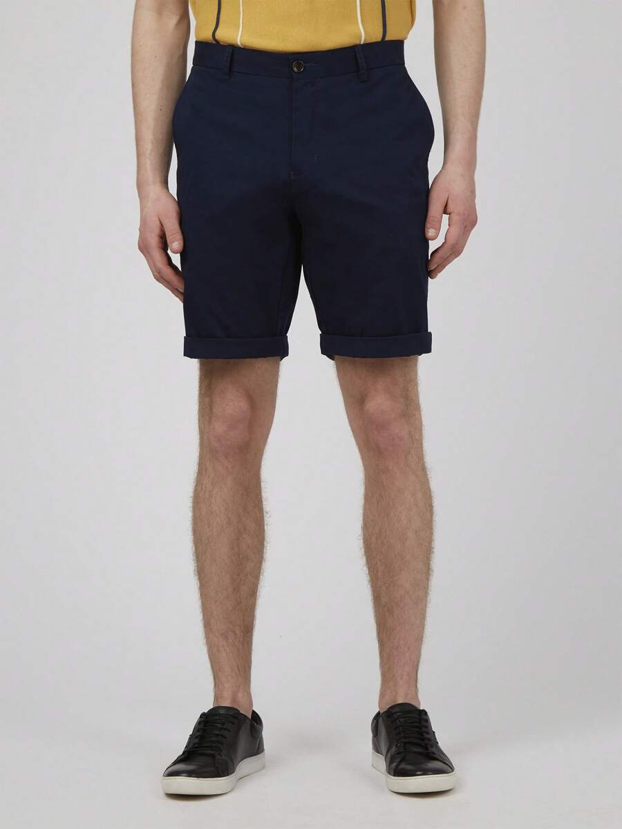 Ben Sherman Slim Stretch Chino Shorts Summer Regular Pocket Drawstring Button Beach - 藏蓝色 - 查看 1
