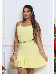 Loose Women's Dress With Adjustable Straps - Viscose Fabric - Vàng nhạt - Xem 8