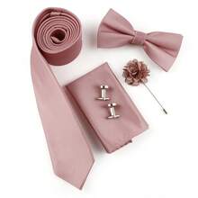 ZONFAZ Bộ 5 món phụ kiện vest nam cổ điển màu trơn cà vạt + nơ + khăn bỏ túi + khuy măng sét + ghim ve áo, thích hợp cho đám cưới, sự kiện trang trọng và mặc hàng ngày - Bụi hồng - Xem 3