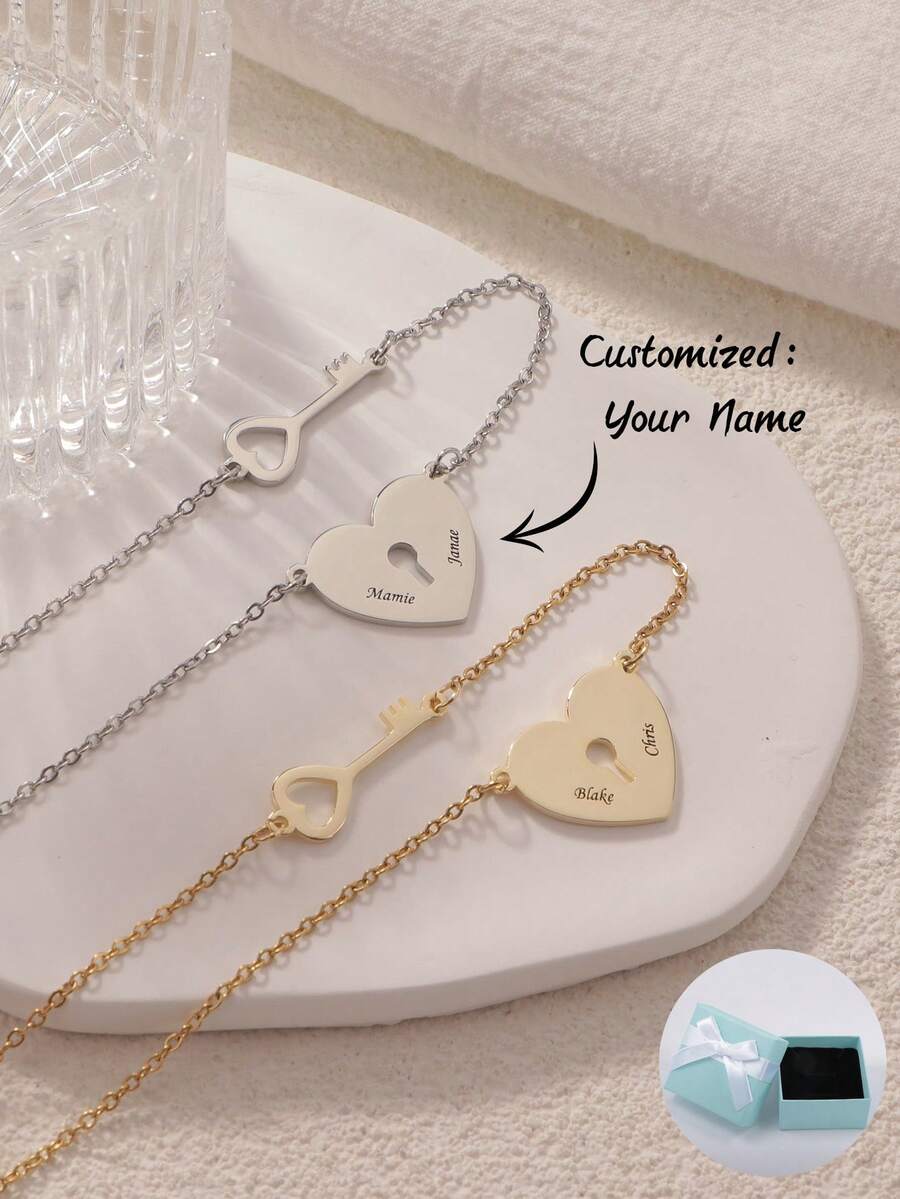 2pcs Customized Heart Lock Necklace With 2 Names, Romantic Gift For Valentine's Day, Mother's Day, Birthday, Anniversary, Friends, Graduation, Christmas, Premium Family Gift