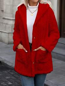 Long Solid Color Diamond Pattern Front Button Pocket Hooded Cardigan, Everyday Winter - Red - View 5