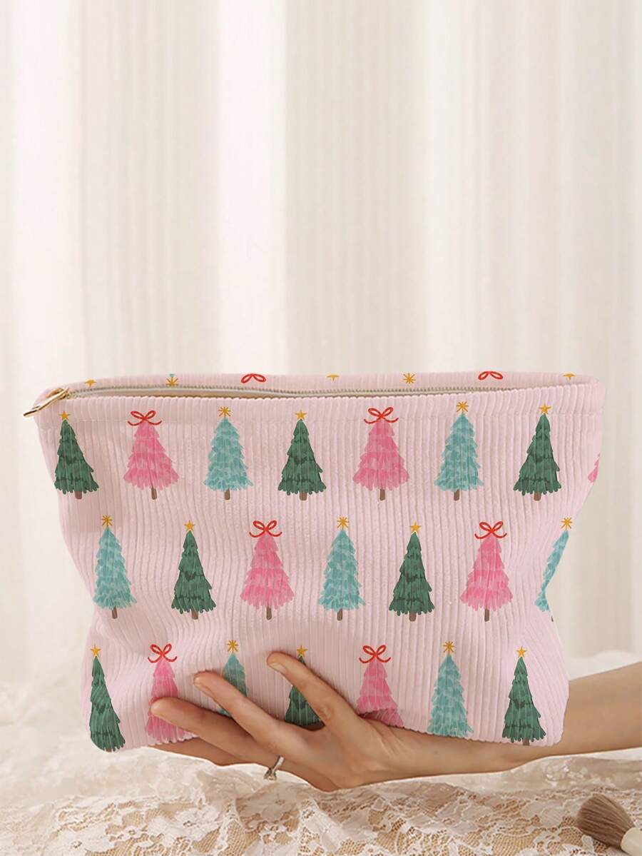 1pc Portable Christmas Tree Pattern Double-Sided Print Zipper Cosmetic Bag, Multi-Functional Travel Toiletry Organizer - Multicolor - View 1