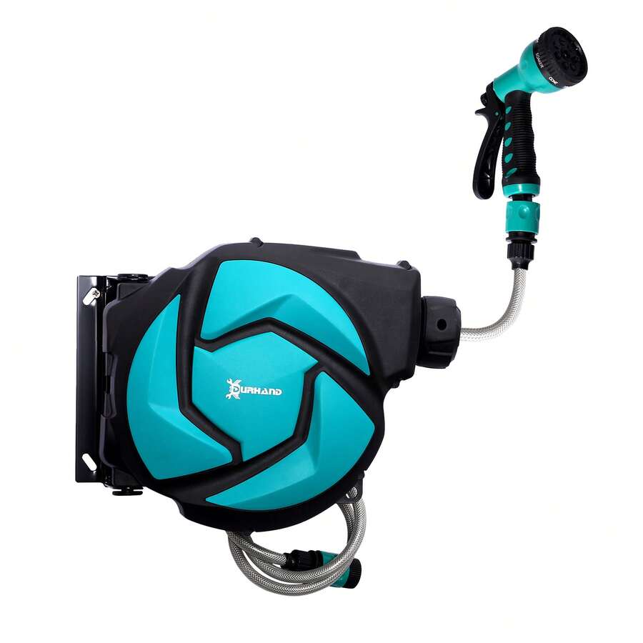 DURHAND 10m Garden Hose Reel Wall Mounted Auto Rewind With 7 Patterns Spray Nozzle, Includes Wall Fixings - Blue - View 1