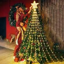 1pc Christmas Waterfall Fairy String Lights With Topper Star, Christmas Tree Decorations For Home 2025 New Year 2026