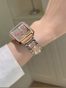 一套，兼容苹果手表表带+表壳，玫瑰金金属表带，镶嵌闪亮钻石，兼容苹果手表38/40/41/42/44/45/46/49毫米，兼容苹果手表Ultra/SE/10/9/8/7/6/5/4/3/2/1，女士表带，智能手表配件 - 玫間銀 - 查看 12