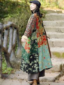 LUZU JUNU Women's Trench Coat Floral Print Long Cotton Linen Jacke Cottagecore Clothing Patchwork Outwear Bohemian Unique - 綠色毛絨襯裡 - 查看 4