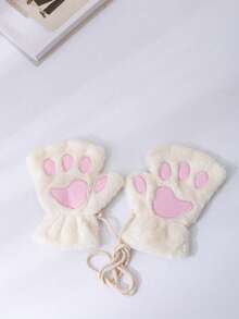 1双装-可爱卡通猫爪漏指手套-秋冬保暖防寒毛绒半指手套-加厚加绒-学生写字漏指 - 彩色 - 查看 3