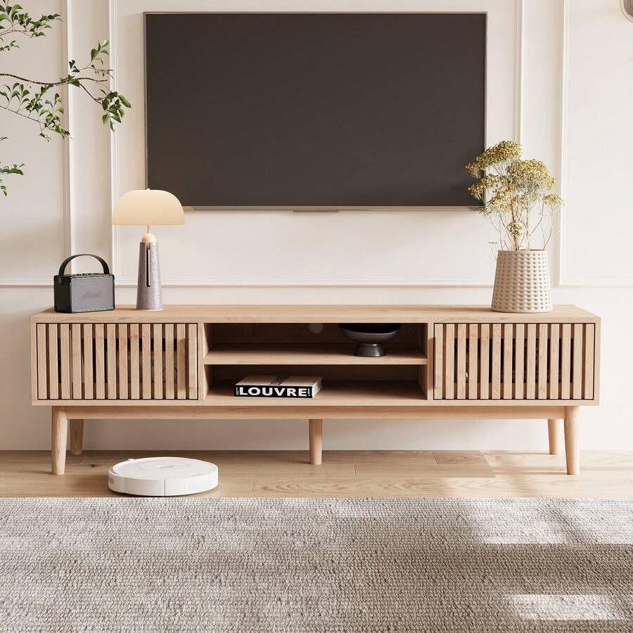Meuble TV en bois 150 x 40 x 48 cm, tables de salon en bois avec compartiment ouvert, salle de réception, chambre, bureau, buffet bas, table d'appoint, table TV, salon (marron) - Tabac - Voir 1