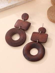 Pendientes largos de madera natural con diseño geométrico al estilo occidental para mujeres, perfectos para vacaciones en la playa, fiestas, viajes, festivales, uso diario y como regalo - Café integral - Ver 5