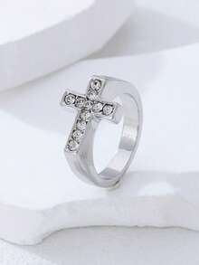 1pc Fashionable Elegant Rhinestone Inlaid Cross Ring For Women, Luxury Lightweight Suitable For Travel, Holiday, Party, Gift For Friends, Versatile For Daily Wear