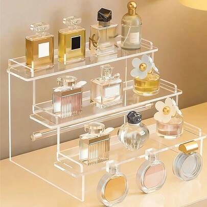 1pc Acrylic Cosmetic Storage Rack, Perfume, Skincare, Cosmetics Staircase Display Rack Multi-Layer Cosmetic Storage Rack, Perfume Display Rack, Cosmetic Beauty Tools Display Rack, Reinforced Thickened Trapezoidal Display Rack, Suitable For Living Room, Bathroom, Bedroom, Home Decoration