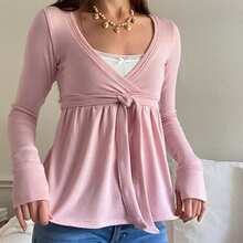 Women Wrap V-Neck Peplum Tops Casual Long Sleeve Tee Shirts Cute Front Twist Tie Knot Shirts Fall Blouses - 粉色 - 查看 8