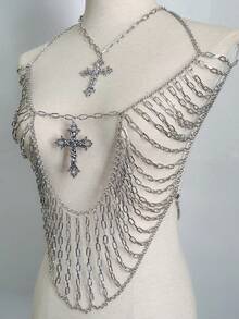 1 件朋克风格金属性感流苏多层胸链项链细肩带上衣，深 V 领修身，适合夜店、音乐节、舞台表演 - 銀色 - 查看 8