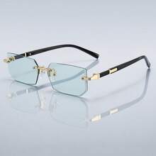 奢华无框矩形渐变镜片男女通用时尚眼镜，金属镜框，设计师品牌时尚眼镜，夏季柔和色调，优雅美学，度假装扮，热带海滩度假风，经典摩托车驾驶眼镜，男士时尚眼镜 - 101 - 查看 9