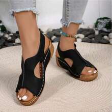 Retro And Elegant Ceiling! Mary Jane Open-Toe WedgeHeels, Synthetic Leather ³ Thick Bottom Non-Slip, SolidColor Insole + Simple Design, Exquisite And Elegant For AlSeason