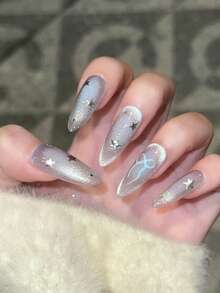 10 piezas de uñas usables hechas a mano puras con forma de uña ovalada mediana, uñas con diseño de lazo de ojo de gato de color degradado rosa pintado a mano, uñas simples de alta calidad, uñas postizas