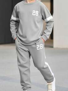 2pcs/Set Tween Boy Spring/Autumn Printed Sweatshirt And Pants Casual Outfit - Grey - View 5