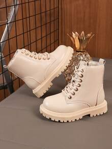 1 Pair Toddler Girls' Ivory Boots, Soft & Comfortable PU Material, Front Lace-Up With Golden Eyelets, Side Zipper, Round Toe, Thick Sole, Fashion & Cute Princess Style, Suitable For 3-12 Years Old, Casual, School, Holiday Wear, Autumn/Winter New - Beige - View 5