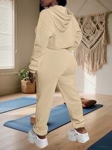 Womens 3 Piece Tracksuits Sexy Workout Sets Fall Long Sleeve Pullover Hoodie With Tank Top & Joggers Sweatsuit Outfits Gym Yoga Casual Wear - 杏色 - 查看 2