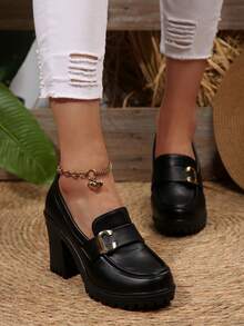 Women's Classic Thick Heel High Heels, Chunky Heel Pumps, Comfortable Work Shoes, Spring/Summer 2025 - 黑色(C扣) - 查看 2
