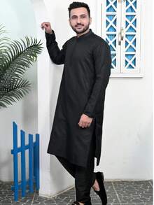 Estationeryhouse Men's Kurta Pyjama In Raw Silk Jacquard Work (Comes With White Pajama) - Black - View 2