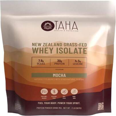 Taha Health &Amp; Nutrition Chocolate Whey Protein Isolate Powder, 30g Protein, 79g BCAAs, 43g Leucine | New Zealand Free-Range, Grass-Fed Dairy | Gluten-Free, Keto, Kosher | 2LB, ~24 Servings