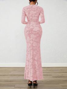 Women Elegant Floral Lace Long Sleeve Bodycon Maxi Dress Spring Fall Autumn Prom Wedding Guest Outfits - 粉色 - 查看 2