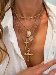 4pcs/Set Retro Metal Geometric Round Pendant Multilayer Necklace, Women's Punk Style Jesus Cross Pendant Necklace