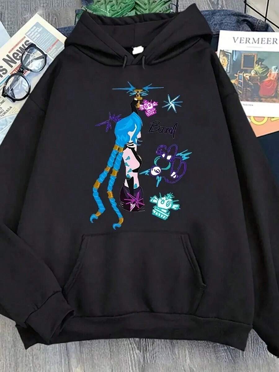Men's Arcane Jinx Hoodie - Beige Pullover Sweatshirt With, Loose Fit Gaming Apparel, Machine Washable ForFans, Gamer Hoodie, Casual Wear, Playful Design, Ribbed Cuffs, Lounge Wear, Streetwear Fashion, Comfortable Material, Esports Enthusiasts,Fall Hoodies,Men's Fall Clothes,Street Wear,Halloween,Mens Hoodies,Y2k Clothes,Jesus Hoodie,Thanksgiving Day,Nightmare Before Christmas,Christmas - màu đen - Xem 1