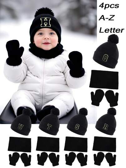 4pcs/Set Kids Knitted Hat, Scarf And Gloves Set, Includes 26 Letter Patterns, Suitable For Boys And Girls; Soft Winter Pom Pom Beanie; Baby Mittens; Children's Warm Scarf; Suitable For Autumn/Winter Outdoor Daily Wear.