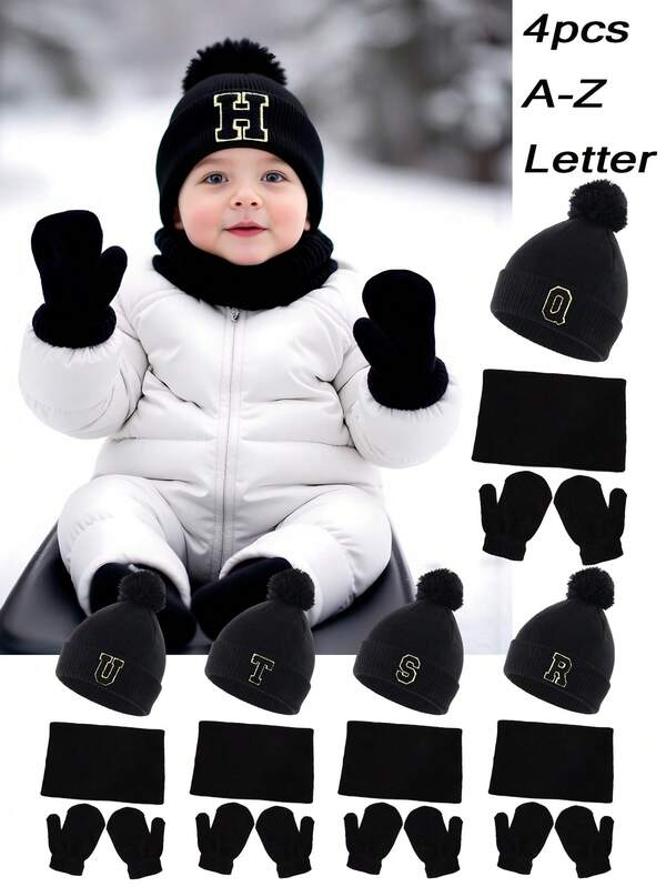 4pcs/Set Kids Knitted Hat, Scarf And Gloves Set, Includes 26 Letter Patterns, Suitable For Boys And Girls; Soft Winter Pom Pom Beanie; Baby Mittens; Children's Warm Scarf; Suitable For Autumn/Winter Outdoor Daily Wear.
