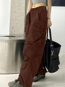 1件女童純色學院風戶外運動口袋工裝慢跑長褲 - 棕色 - 查看 5