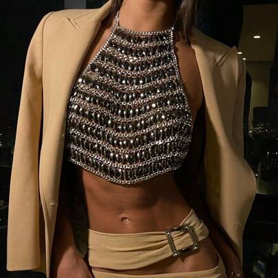 ZHENGHEN 1 pieza Collar de cadena de pecho con brillantes cuadrados de rhinestone de lujo, cadena de Body con perlas de moda y sexy adecuada para atuendos de fiesta