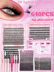 640/418/192pcs DIY Lash Cluster Kit, 30D/40D/50D Lash Extensions, D Curl, Voluminous & Thick Style, Mixed Lengths 9-16mm - Long-Lasting, Natural Look, Reusable - Including Adhesive And Sealing Tweezer Brush - Suitable For Beginners, Daily Wear, Parties Or Travellash Clusters Kit,Lashes,Eyelashes,Fake Lashes - 黑色 - 查看 1