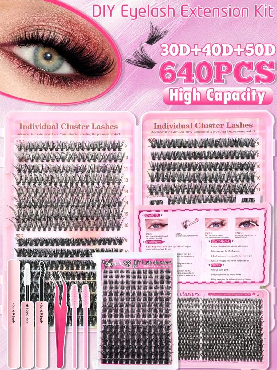 640/418/192pcs DIY Lash Cluster Kit, 30D/40D/50D Lash Extensions, D Curl, Voluminous & Thick Style, Mixed Lengths 9-16mm - Long-Lasting, Natural Look, Reusable - Including Adhesive And Sealing Tweezer Brush - Suitable For Beginners, Daily Wear, Parties Or Travellash Clusters Kit,Lashes,Eyelashes,Fake Lashes - 黑色 - 查看 1