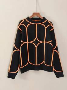 Plus Size Women Geometric Pattern Round Neck Drop Shoulder Long Sleeve Casual Pullover Sweater, Autumn/Winter