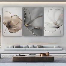 Conjunto de 3 peças de arte de parede elegante com estampa floral abstrata em tela – bege, cinza e dourado – pôsteres minimalistas botânicos modernos, quadros, pintura em tela, presente ideal para decoração de sala de estar, decoração de casa, decoração de banheiro, itens diversos, sem moldura, 50x70cm/19,68x27,55 polegadas