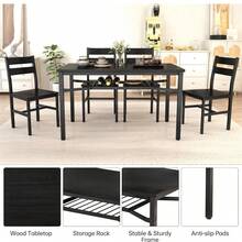 Modern Farmhouse Style 5-Piece Dining Room Table And Chairs Set, Rectangle Small Kitchen Table Set With 4 Chairs And Storage Rack, Particle Board Top And Metal Frame Dinette Set For 4, Space-Saving Design Bar Table Set - Đen/Đen - Xem 7