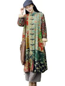 LUZU JUNU Women's Trench Coat Floral Print Long Cotton Linen Jacke Cottagecore Clothing Patchwork Outwear Bohemian Unique - 綠色毛絨襯裡 - 查看 1
