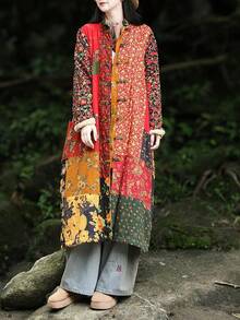 LUZU JUNU Women's Trench Coat Floral Print Long Cotton Linen Jacke Cottagecore Clothing Patchwork Outwear Bohemian Unique - 黃色毛絨襯裡 - 查看 3