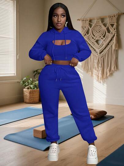 Womens 3 Piece Tracksuits Sexy Workout Sets Fall Long Sleeve Pullover Hoodie With Tank Top & Joggers Sweatsuit Outfits Gym Yoga Casual Wear