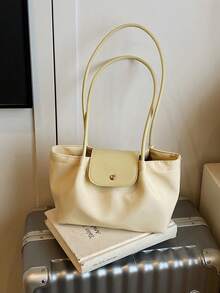 Minimalist Style Solid Color Women's Shoulder Bag, High-End Button Decorated Tote Bag, Fashionable Pleated Design Lightweight Storage Commuter Bag, Suitable For College Students' Daily Travel Lightweight Storage Shoulder Bag, Magnetic Buckle Opening And Closing Multifunctional Lightweight Storage Commuter Bag, Wear-Resistant Fabric Material Handbag, Suitable For Giving To Friends, Shopping, Dating, Business Trips, Travel Vacations - Màu vàng - Xem 2