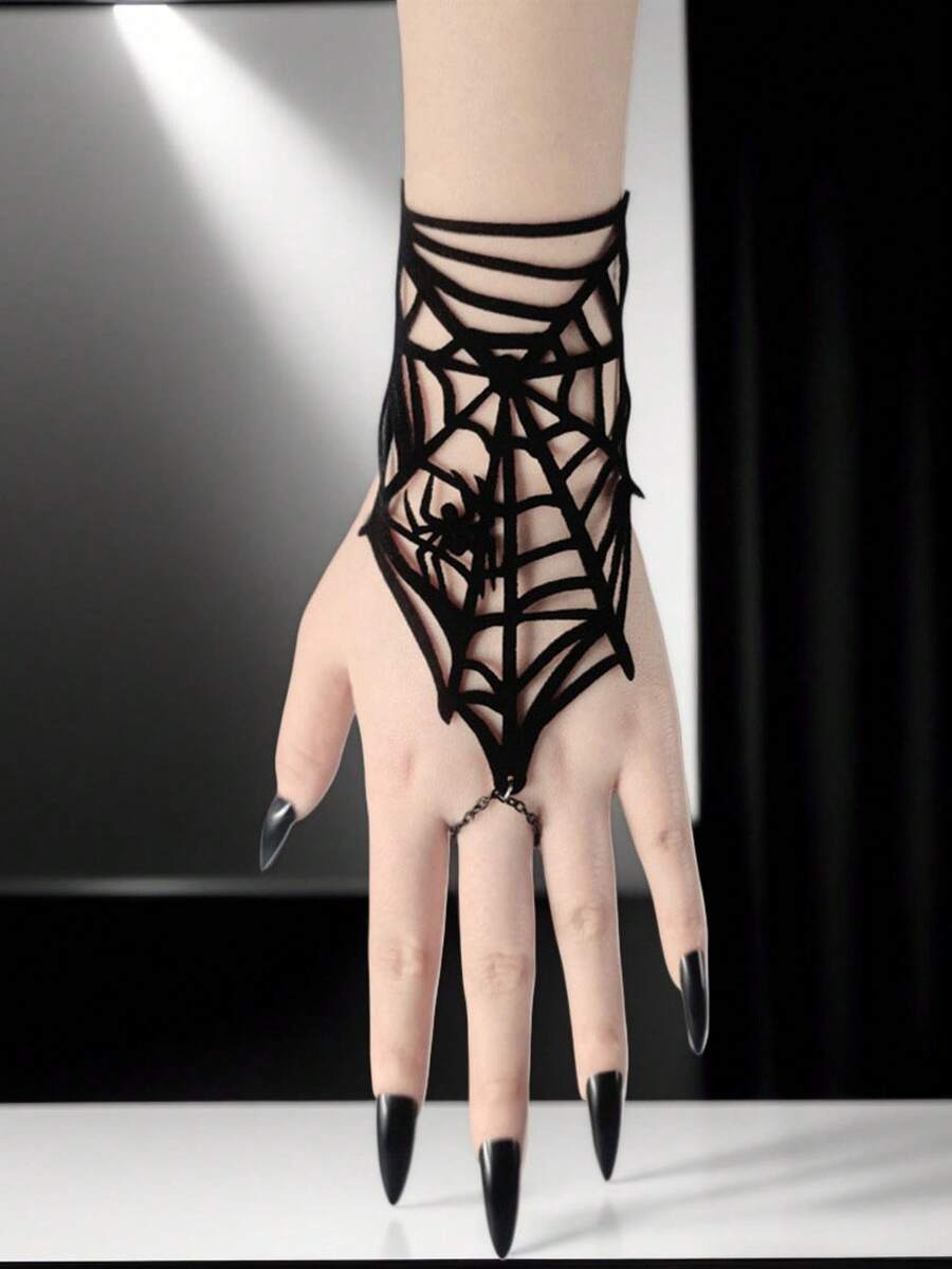 Halloween Gothic Spider Web Hand Harness With Ring - Punk Black Lace Hand Jewelry For Women Cosplay Costume Accessory - Black - View 1