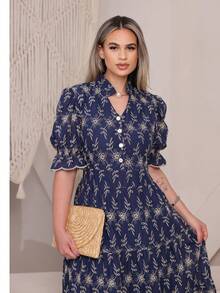 Women's Fashion Midi Dress In 3D Laise Fabric With Elastex On The Back And Button On The Front And Lining - 雙色海軍藍. - 查看 5