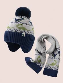 2pcs Dinosaur Kids Hat And Scarf Set, Cute Winter Knit Beanie And Neck Warmer For Baby Boys And Girls - Multicolor - View 9