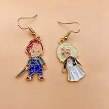 2pcs New Halloween Enamel Earrings Christmas Night Horror Movie Cartoon Character Asymmetric Earrings For Women Jewelry Wholesale, New Earrings For Women, Large Silvery And Black Mixed Earrings, Light Weight Big Earrings, Vintage Clip On Earrings Women, Dangling Hanging Cute Earrings, Geometric Dangle Earrings, Long Beaded Earrings, Earrings Dangling,  Style Earrings For Women, Vintage Golden Earrings For Women, Holiday Earrings, Costume Jewelry, Asymmetric Design, - 2 chiếc - Xem 4