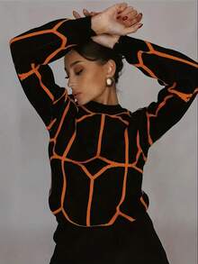 Plus Size Women Geometric Pattern Round Neck Drop Shoulder Long Sleeve Casual Pullover Sweater, Autumn/Winter