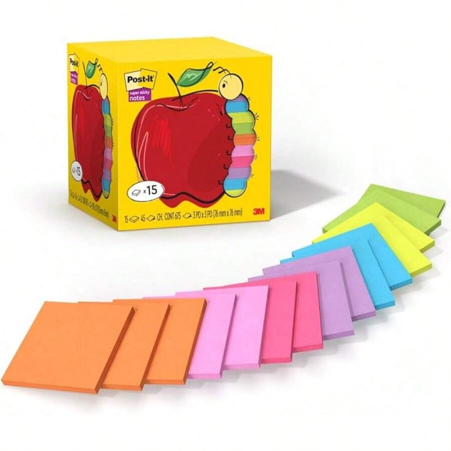 - Notas superadhesivas, colores brillantes surtidos, 3 x 3 pulgadas, 15 almohadillas para orejas por paquete, 45 hojas/bloque, 2 unidades de poder pegado, reciclable, paquete de manzana - 8 x 8 centímetros - Ver 1