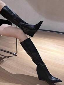 2025秋冬春夏新款欧美尖头高筒女靴，修身直筒，坡跟骑马靴，及膝长靴 - 黑色 - 查看 5