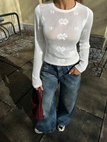 Damski sweter w nowym stylu, biały, z okrągłym dekoltem, długim rękawem, żakardowy, dopasowany, lekki, prosty, sportowy, swobodny, uniwersalny, sportowy, dzianinowy top, na jesień i zimę